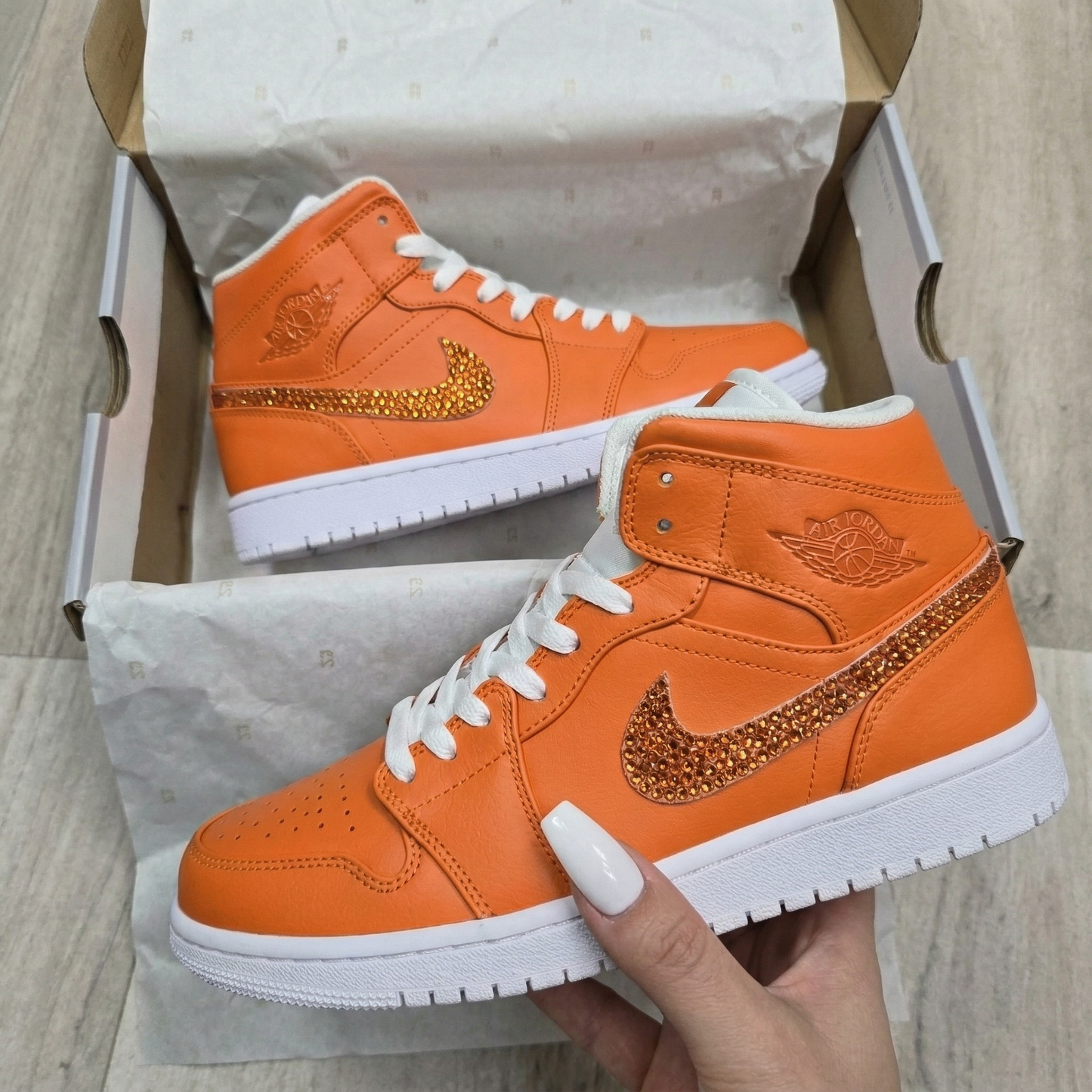 Orange White Rhinestone Swoosh Custom AJ 1s Shoes