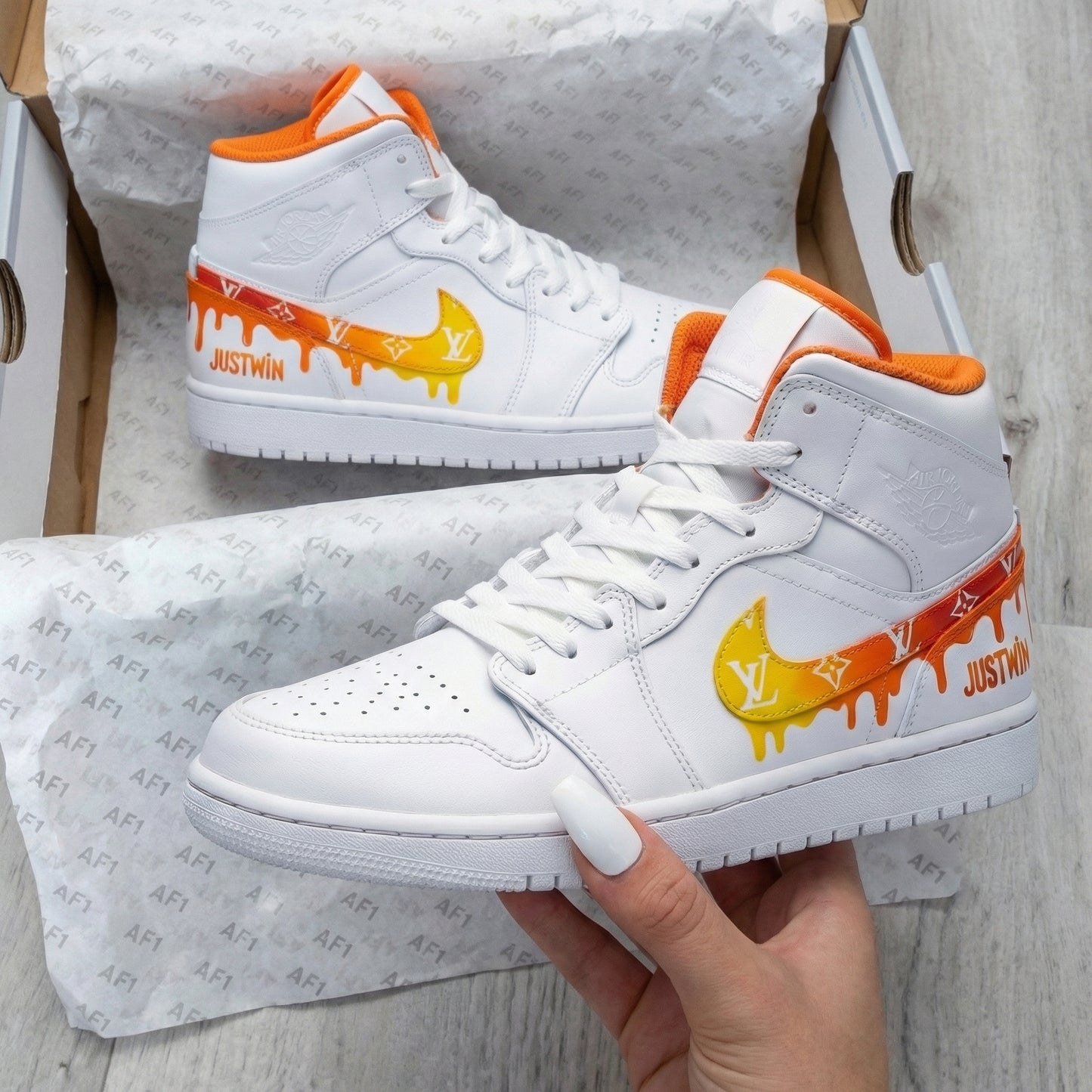Orange Yellow LV Drip Custom AJ 1s Shoes