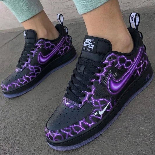 Passionate Burst Black Purple Lightning Design Custom AF 1s Shoes