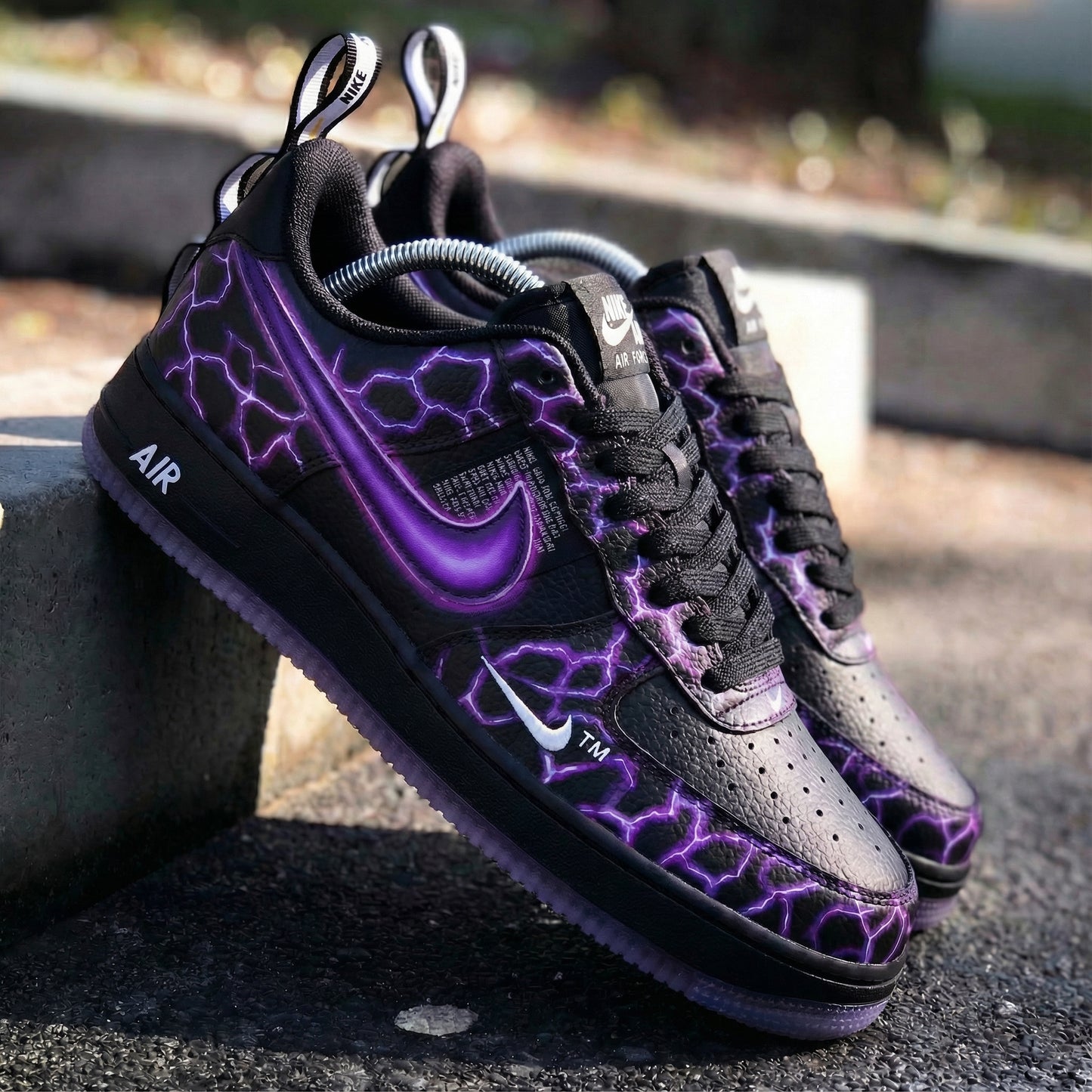 Passionate Burst Black Purple Lightning Design Custom AF 1s Shoes