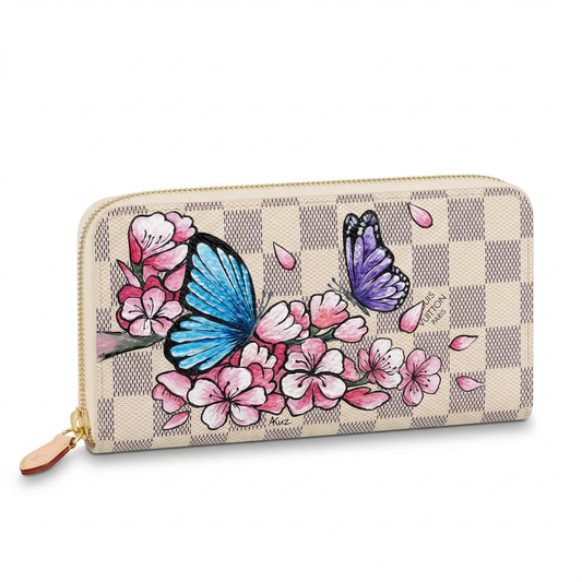 Personalized Wallet LV Butterfly And Cherry Blossom Beige Custom Wallet