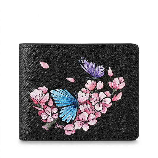 Personalized Wallet LV Butterfly And Cherry Blossom Black Custom Wallet