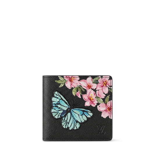 Personalized Wallet LV Butterfly Pink Flowers Black Custom Wallet