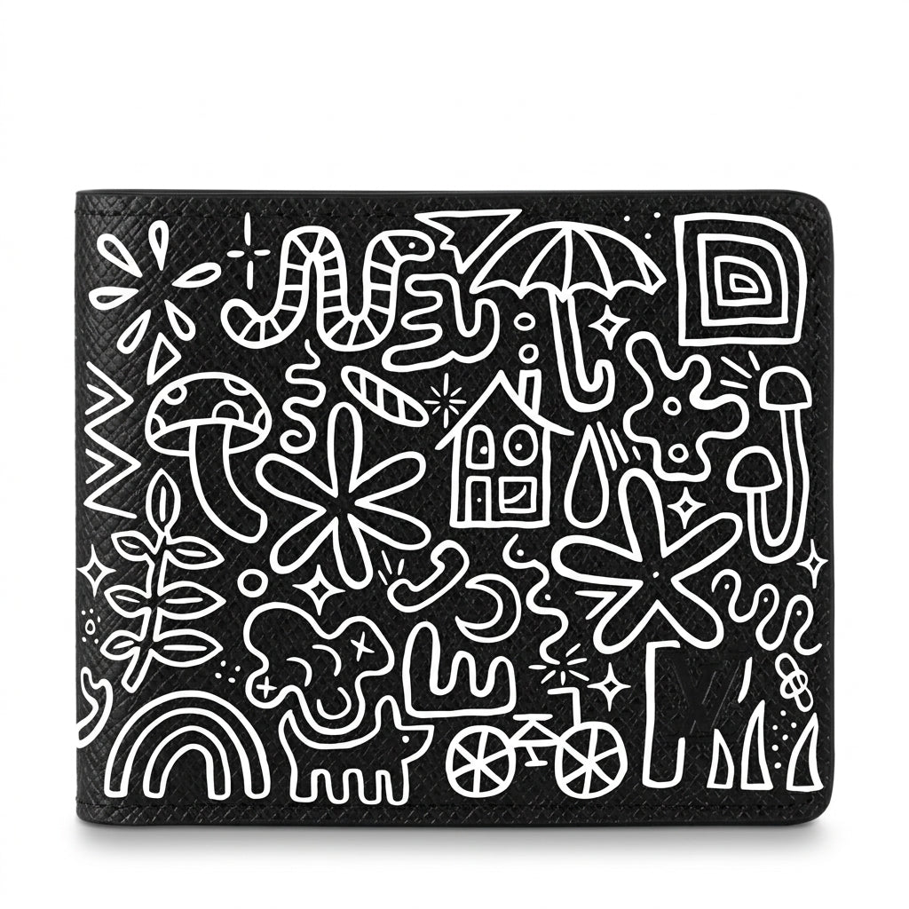 Personalized Wallet LV Cartoon Doodle Pattern Black Custom Wallet