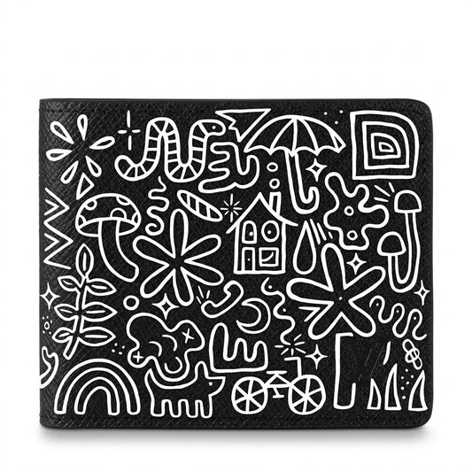 Personalized Wallet LV Cartoon Doodle Pattern Black Custom Wallet