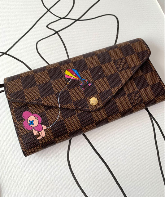 Personalized Wallet LV Cartoon Flower Character And Kite Brown Custom Wallet