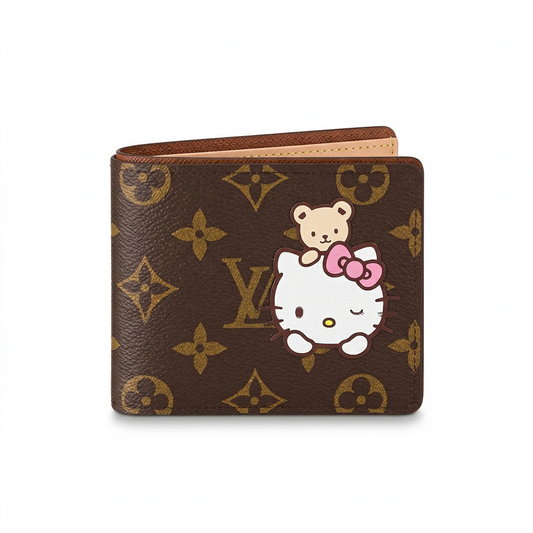 Personalized Wallet LV Hello Kitty And Teddy Bear Brown Custom Wallet