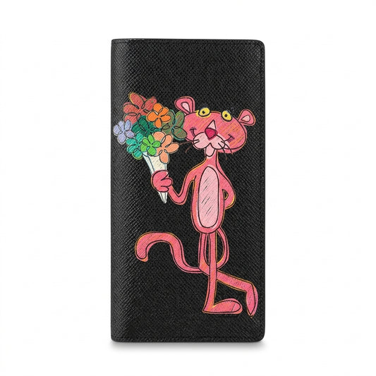 Personalized Wallet LV PP Pink Panther With Flowers Black Custom Wallet