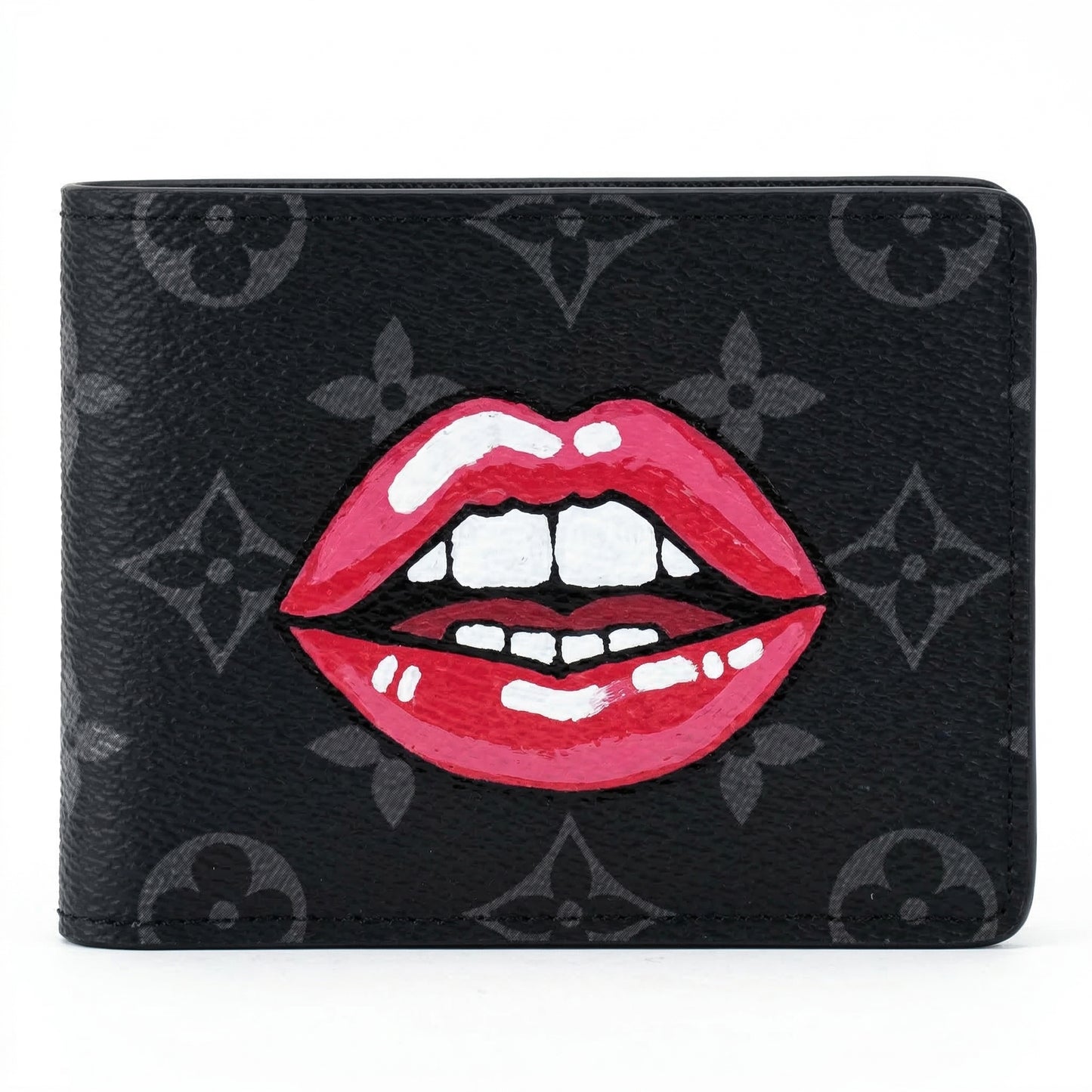 Personalized Wallet LV Red Lips Pattern Black Custom Wallet