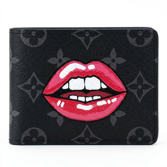 Personalized Wallet LV Red Lips Pattern Black Custom Wallet