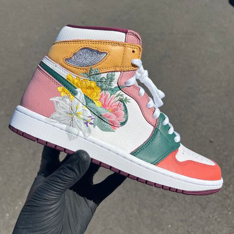 Pink Green Floral Custom AJ 1s Shoes