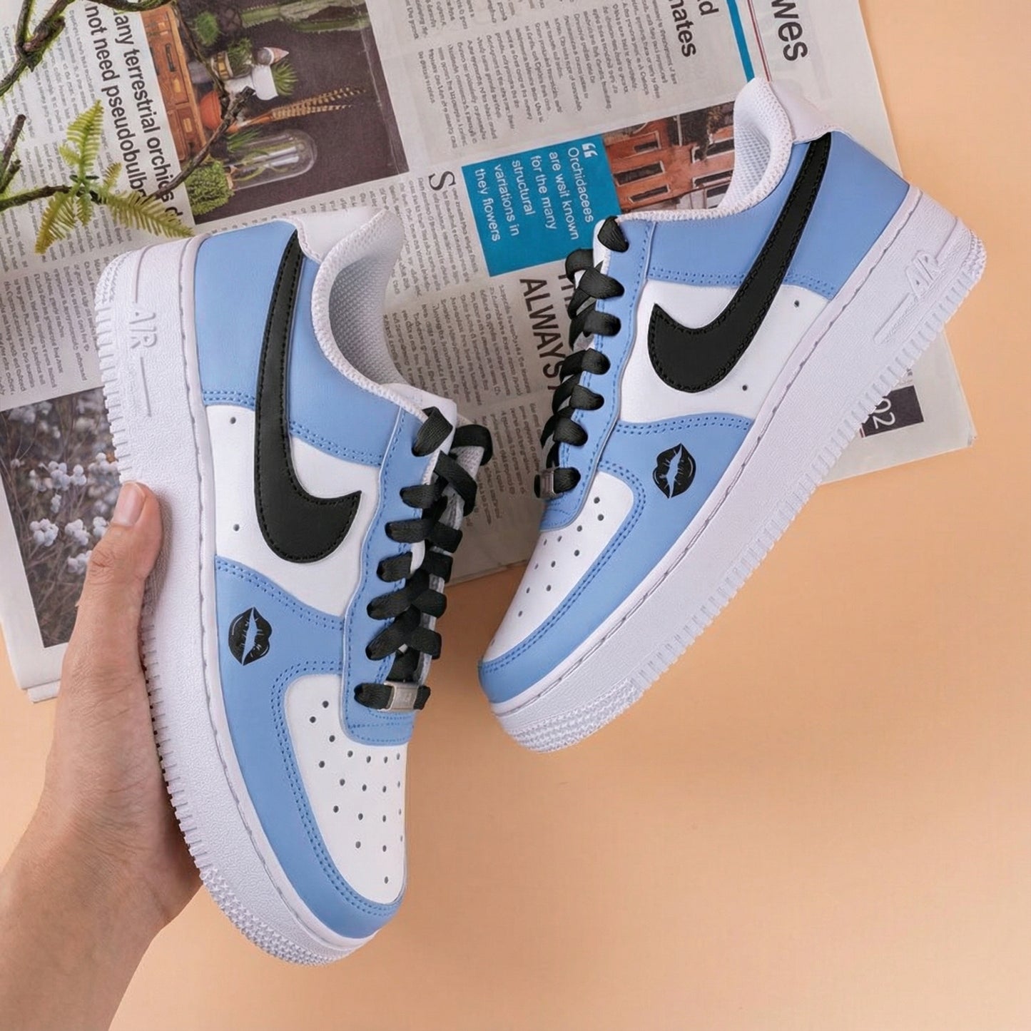 Playful Baby Blue Lip Print Custom AF 1s Shoes
