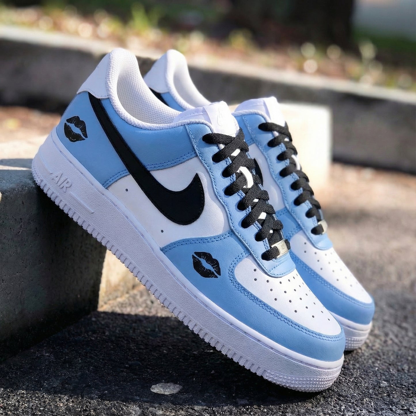 Playful Baby Blue Lip Print Custom AF 1s Shoes