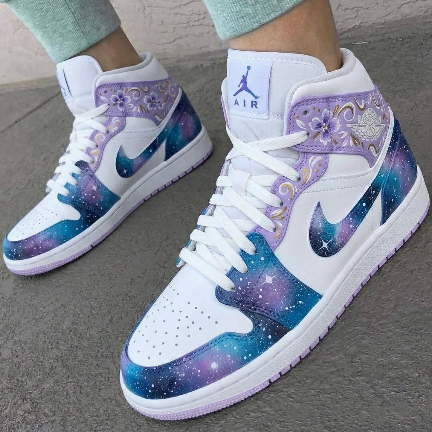 Purple Blue Floral Custom AJ 1s Shoes