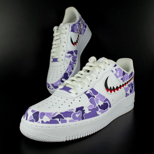 Purple Camo with Shark Design Custom AF 1s Shoes