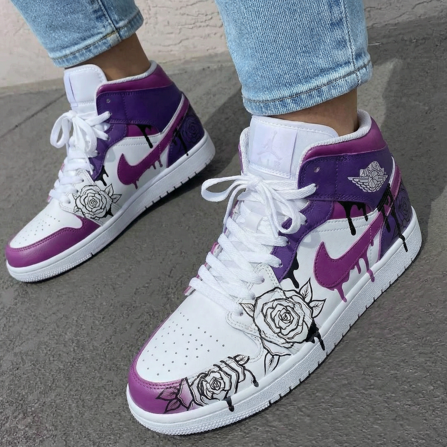 Purple White Rose Custom AJ 1s Shoes