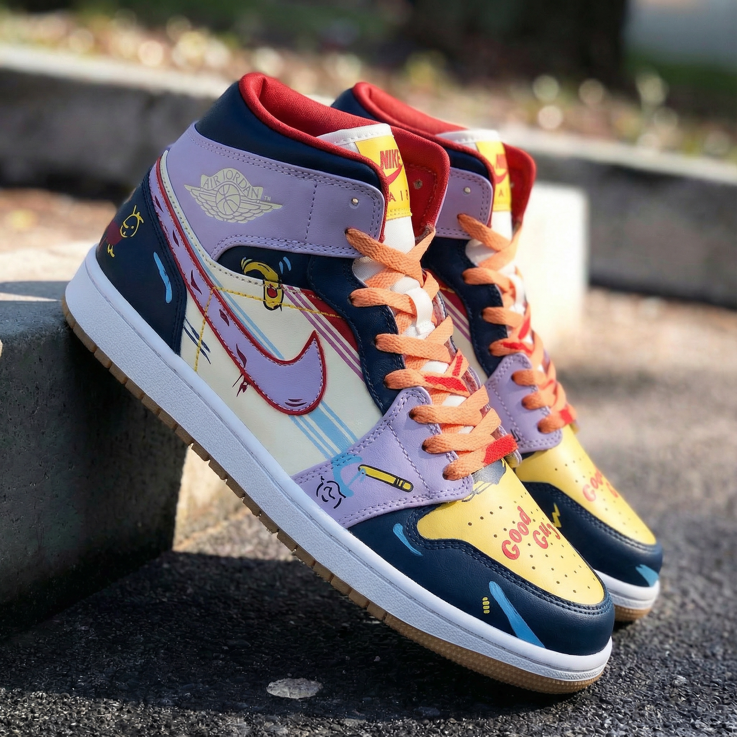 Purple Yellow Cartoon Custom AJ 1s Shoes