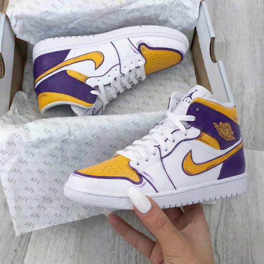 Purple Yellow Lakers Theme Custom AJ 1s Shoes
