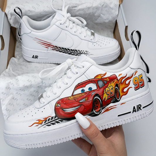 Red Black Cars Lightning McQueen Flames Tire Tracks Custom AF 1s Shoes
