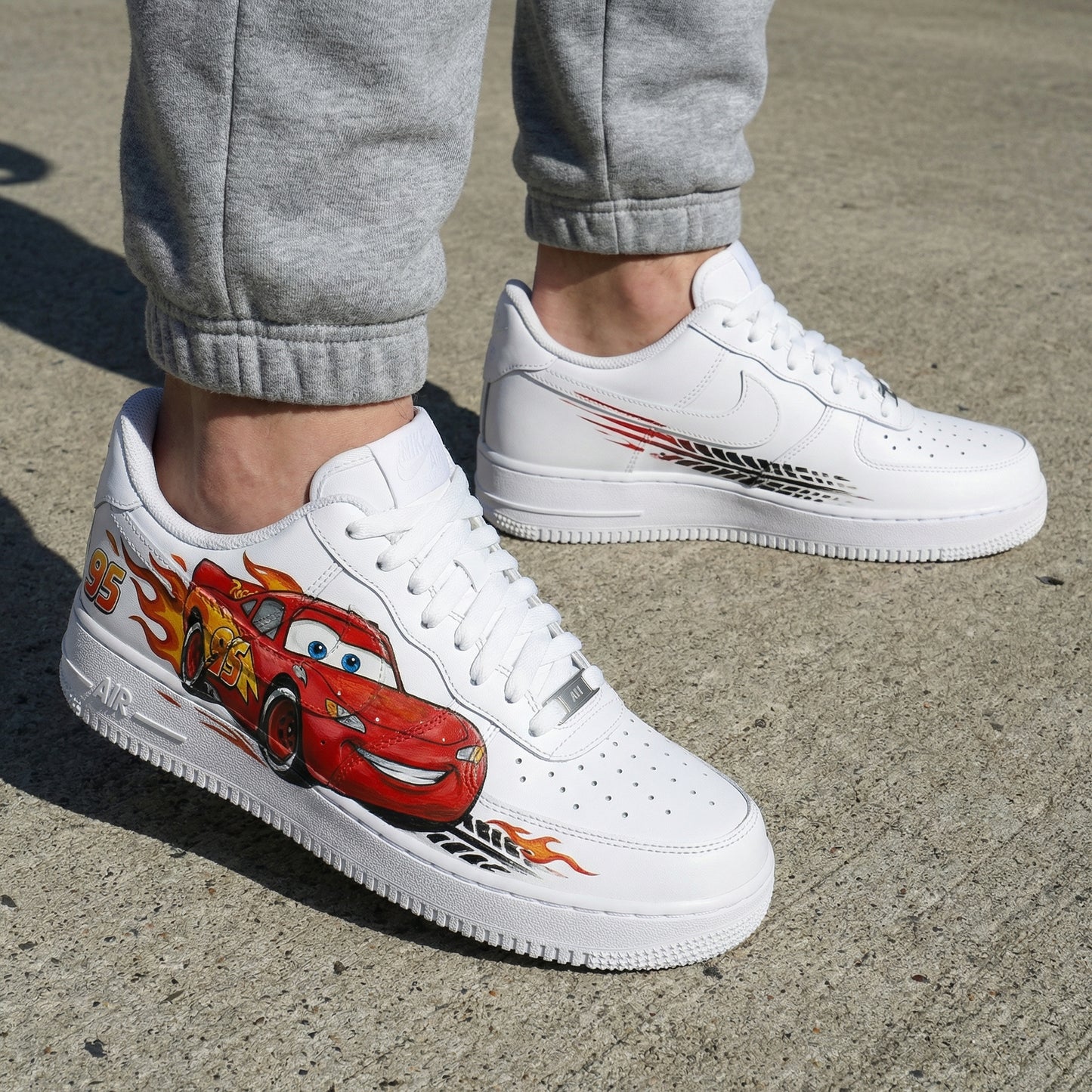 Red Black Cars Lightning McQueen Flames Tire Tracks Custom AF 1s Shoes