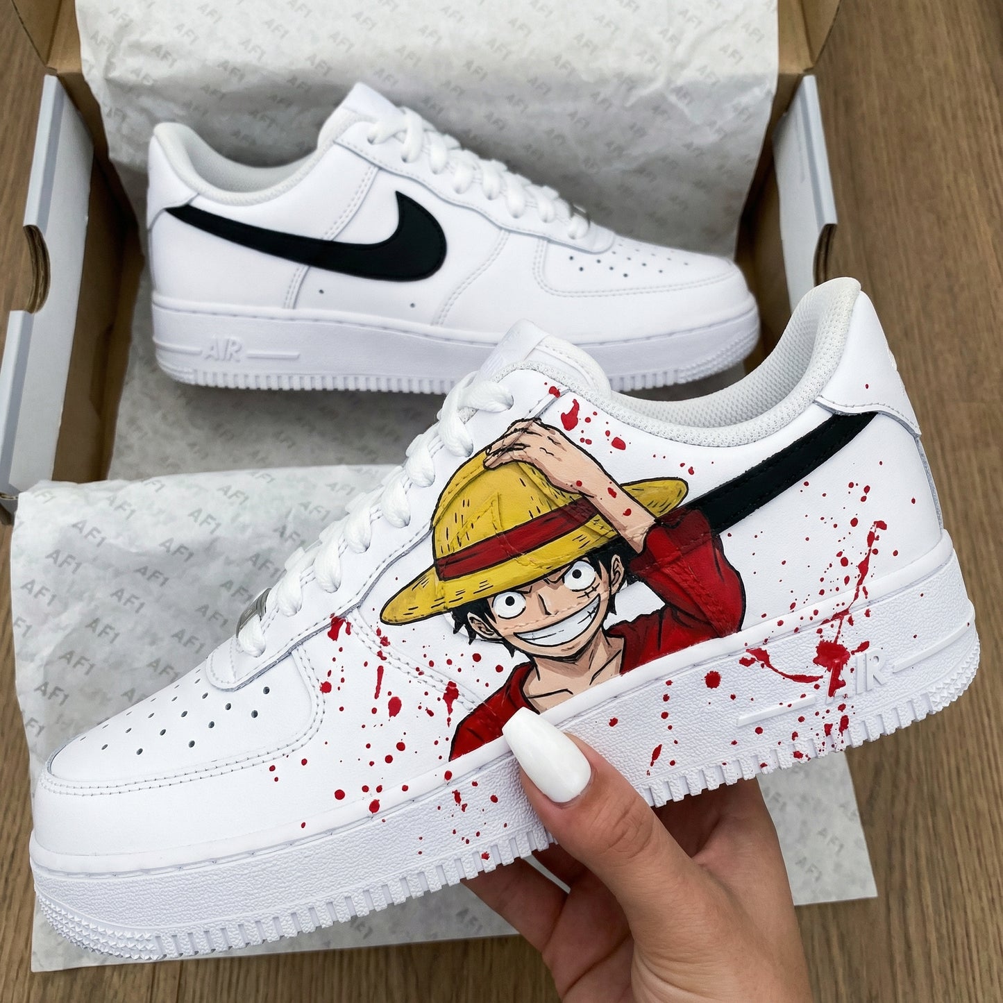 Red Black One Piece Luffy Blood Splatter Custom AF 1s Shoes