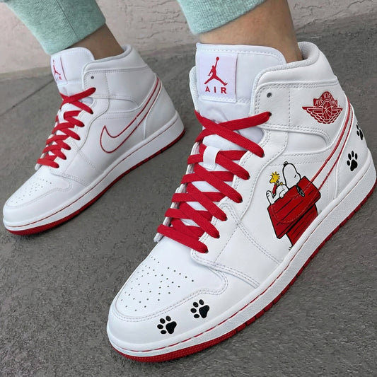 Red Black Snoopy Woodstock Dog House Paw Prints Custom AJ 1s Shoes