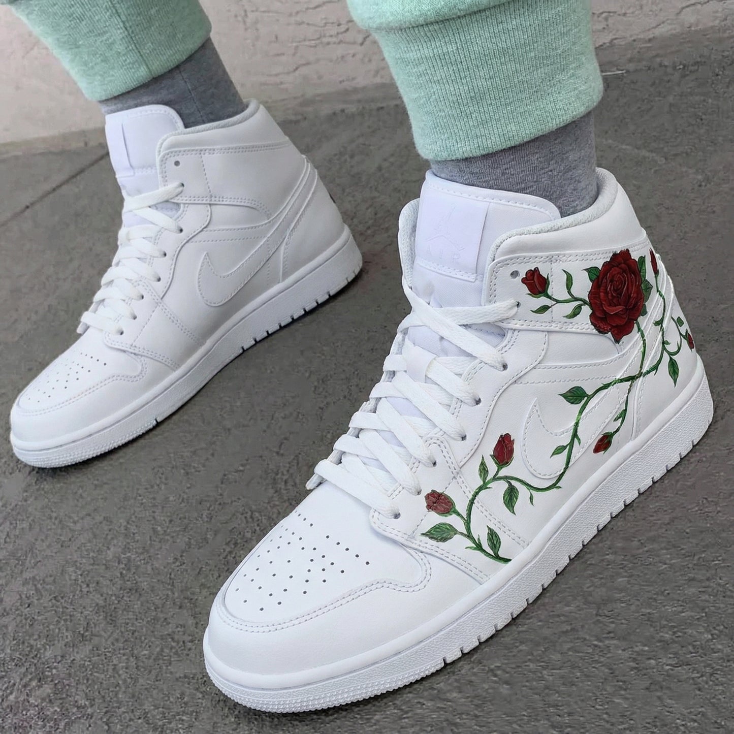 Red Green Rose Vines Custom AJ 1s Shoes