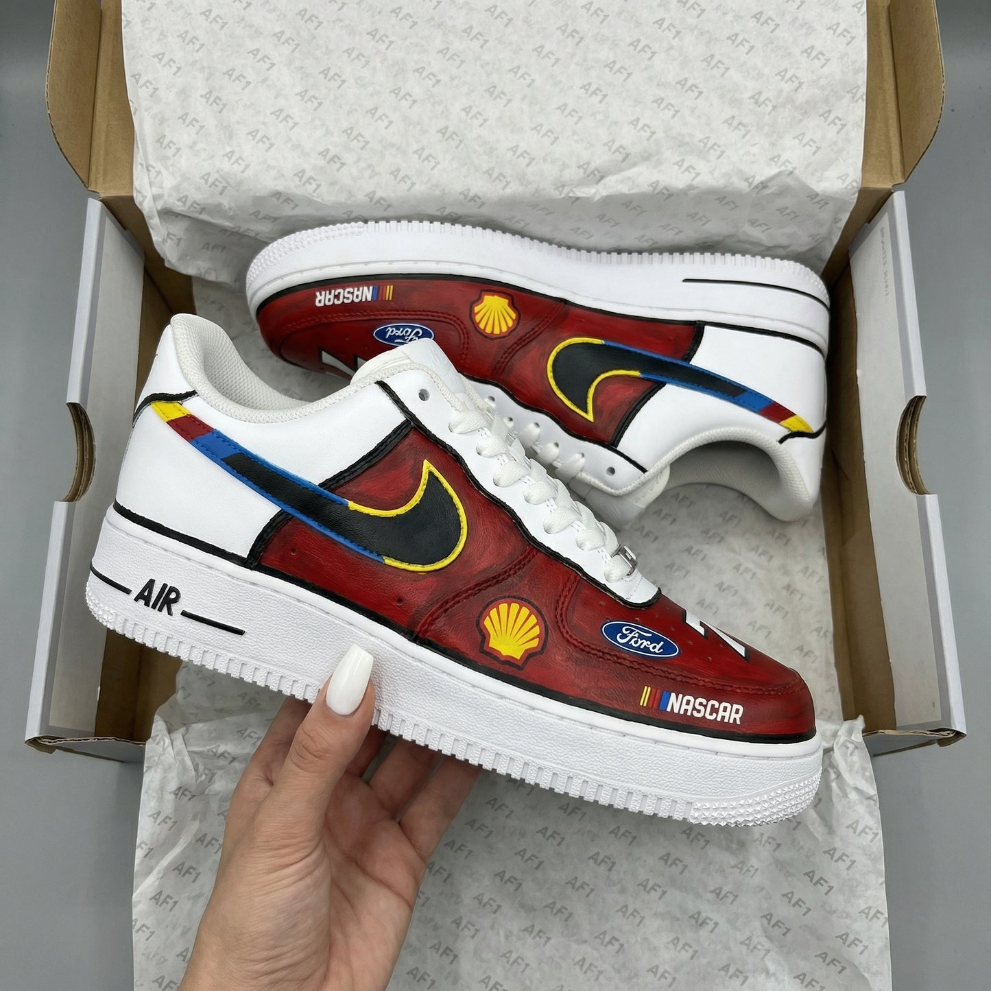 Red NASCAR Theme Custom AF 1s Shoes