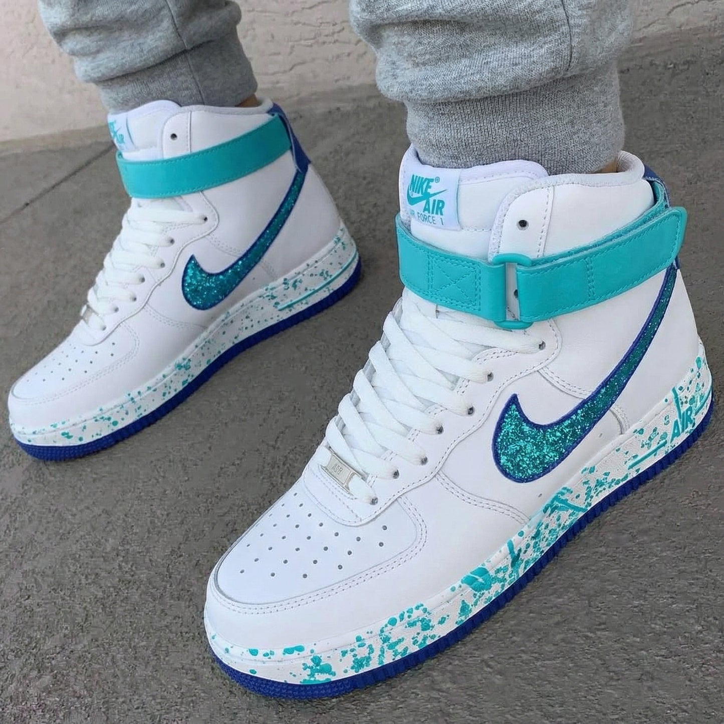 Sparkling Teal Glitter Splatter Custom AF 1s Shoes