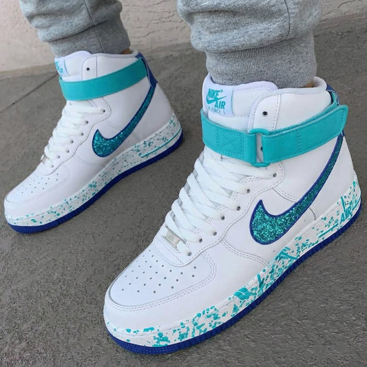 Sparkling Teal Glitter Splatter Custom AF 1s Shoes
