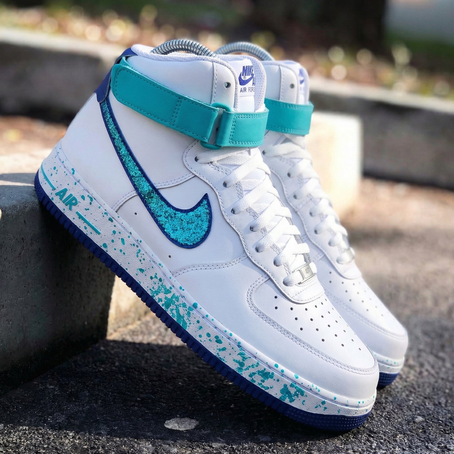 Sparkling Teal Glitter Splatter Custom AF 1s Shoes