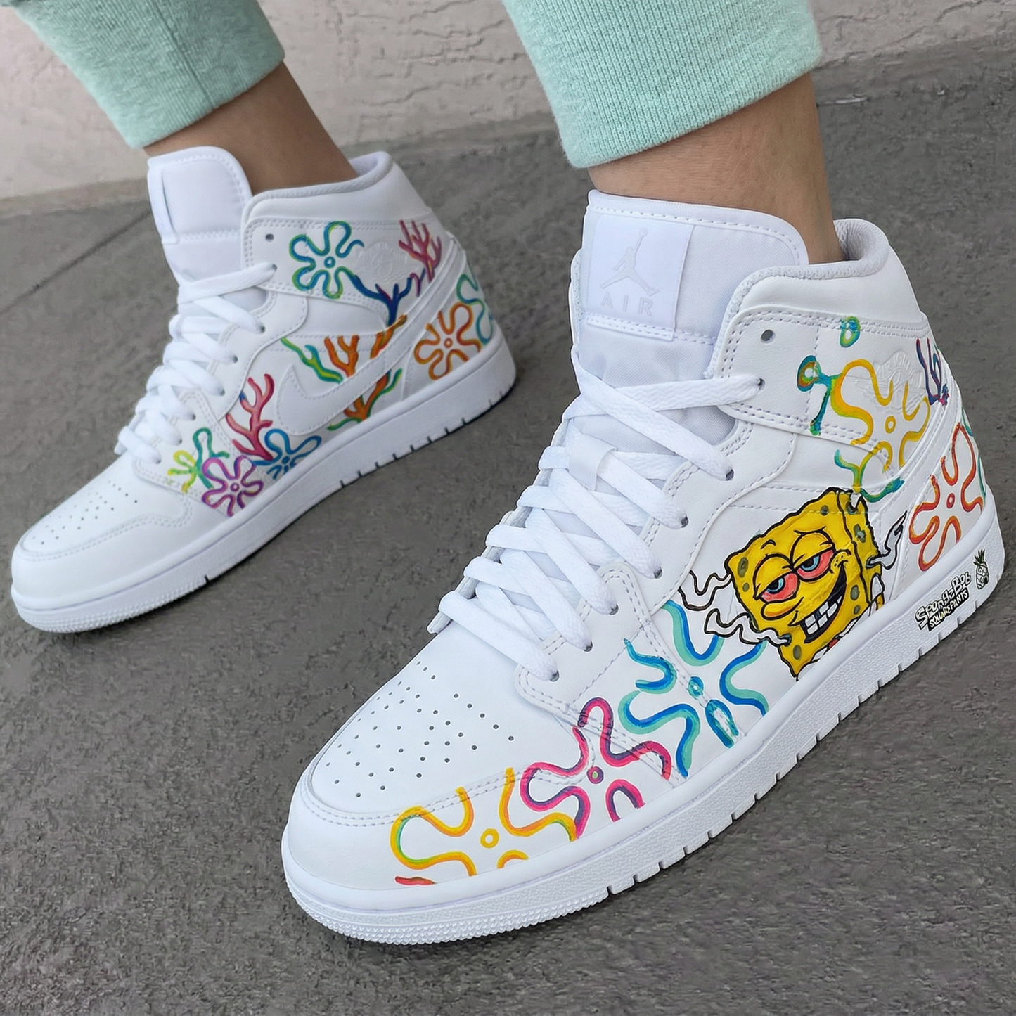 Spongebob Colorful Flowers Custom AJ 1s Shoes