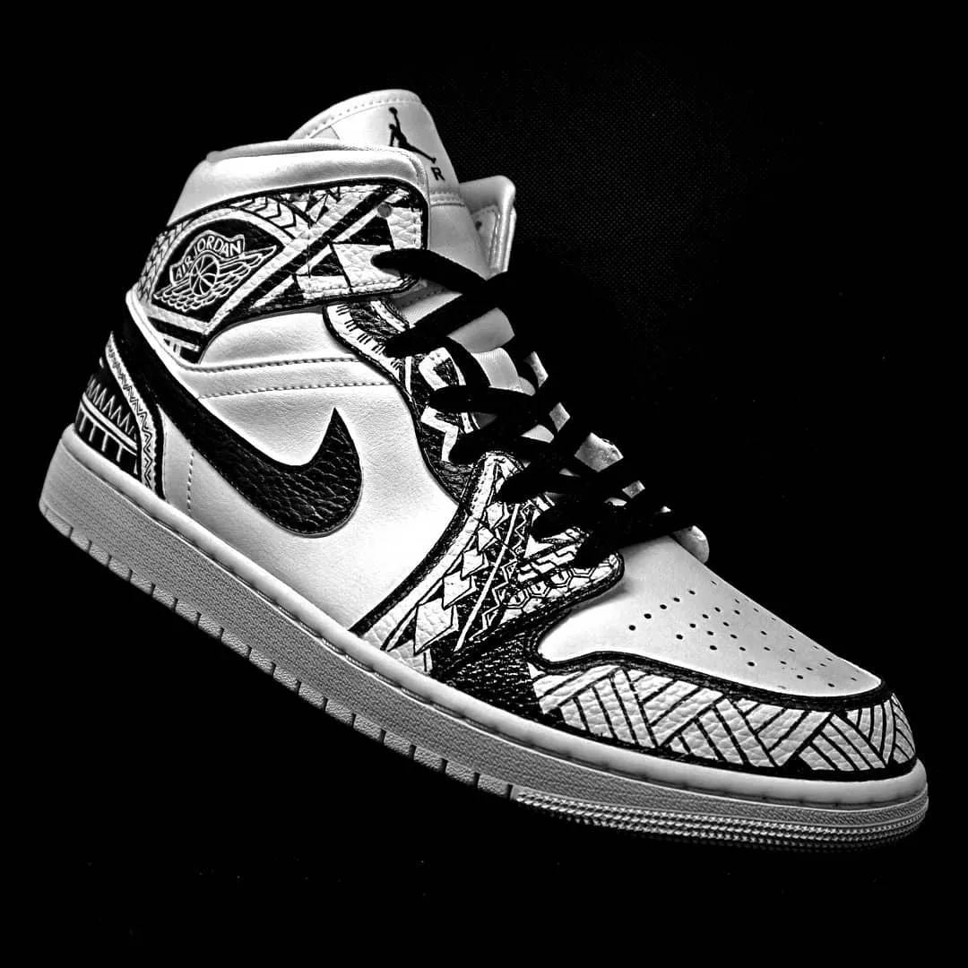 Striking Monochrome Tribal Pattern Custom AJ 1s Shoes