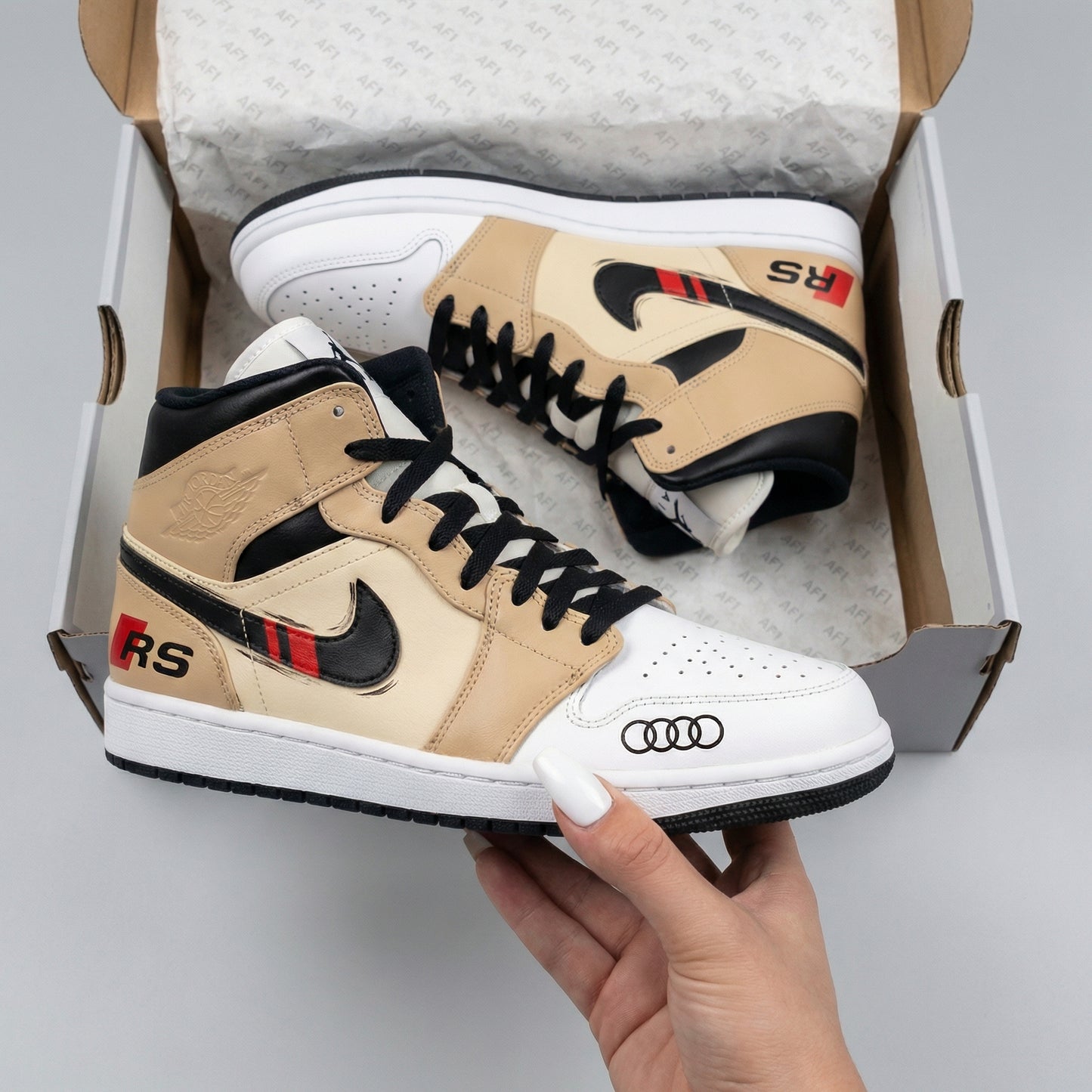 Tan Black Red RS Audi Logo Black Swoosh Red Stripes Custom AJ 1s Shoes