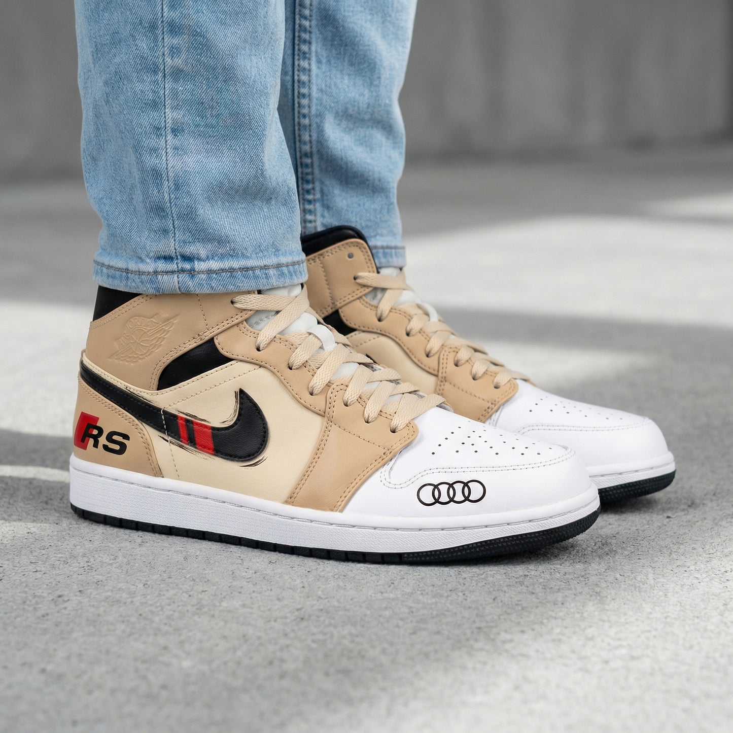Tan Black Red RS Audi Logo Black Swoosh Red Stripes Custom AJ 1s Shoes