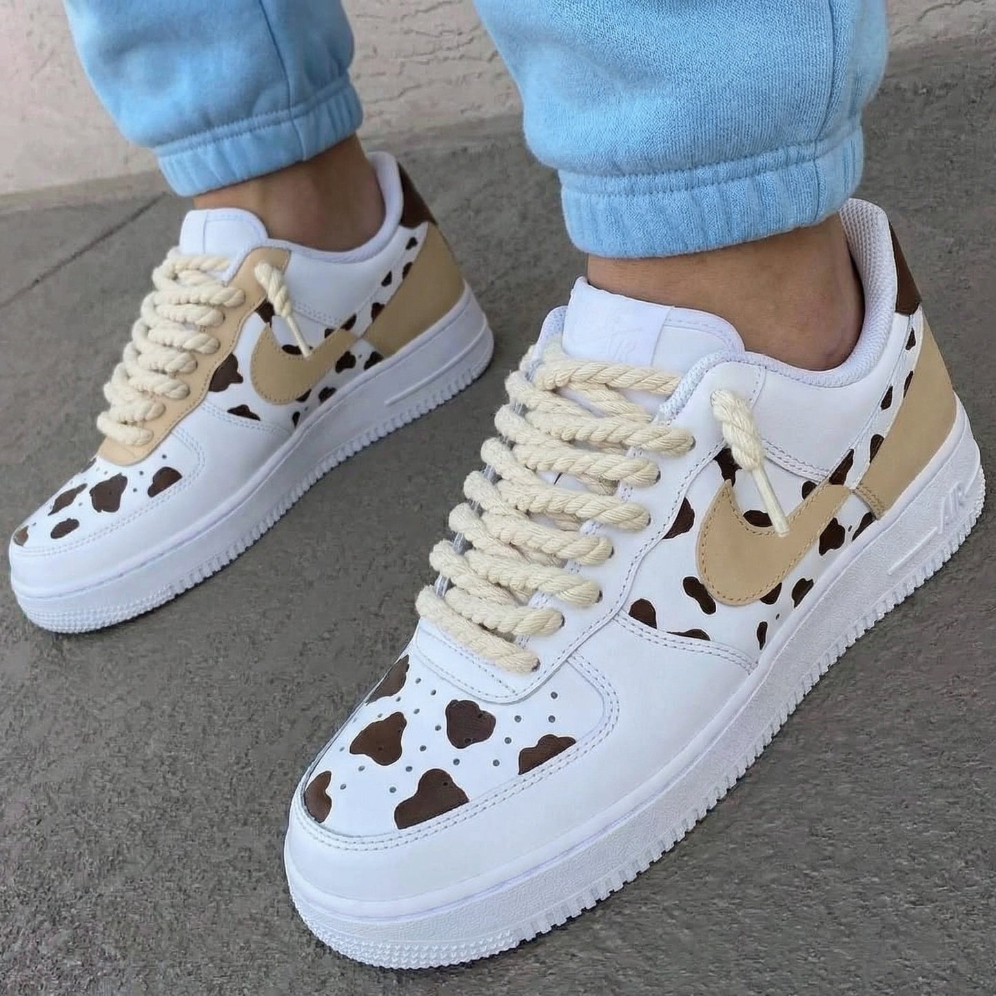 Tan Brown Cow - Print Thick Shoelaces Custom AF 1s Shoes