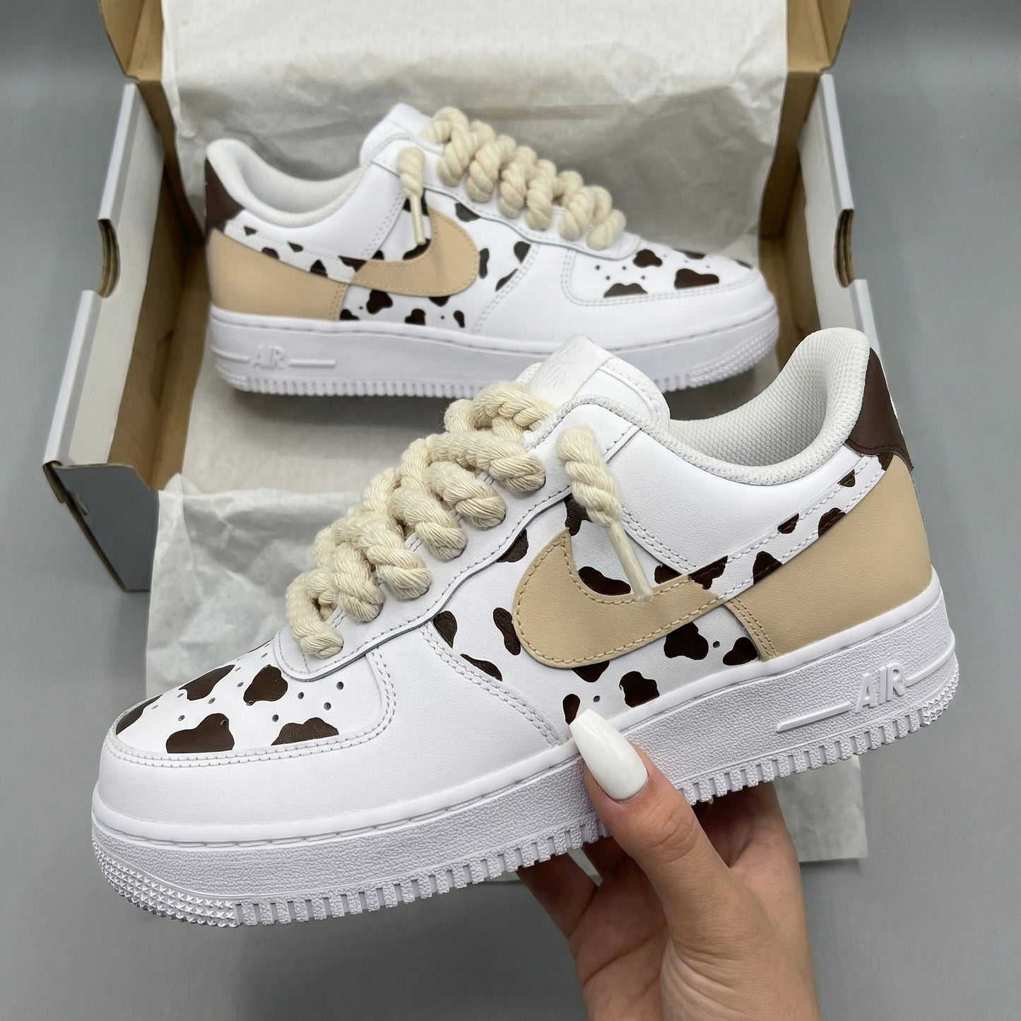 Tan Brown Cow - Print Thick Shoelaces Custom AF 1s Shoes