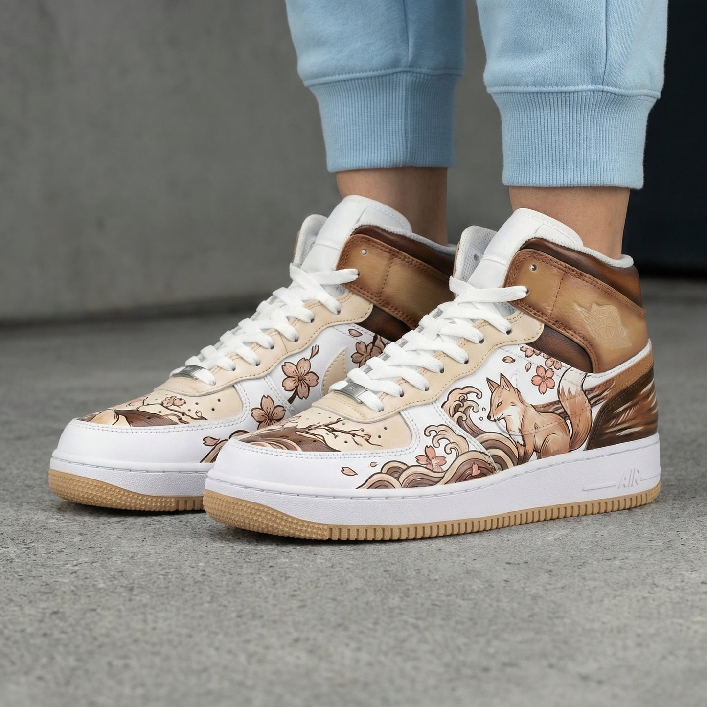 Tan Fox And Cherry Blossom Custom AF 1s Shoes