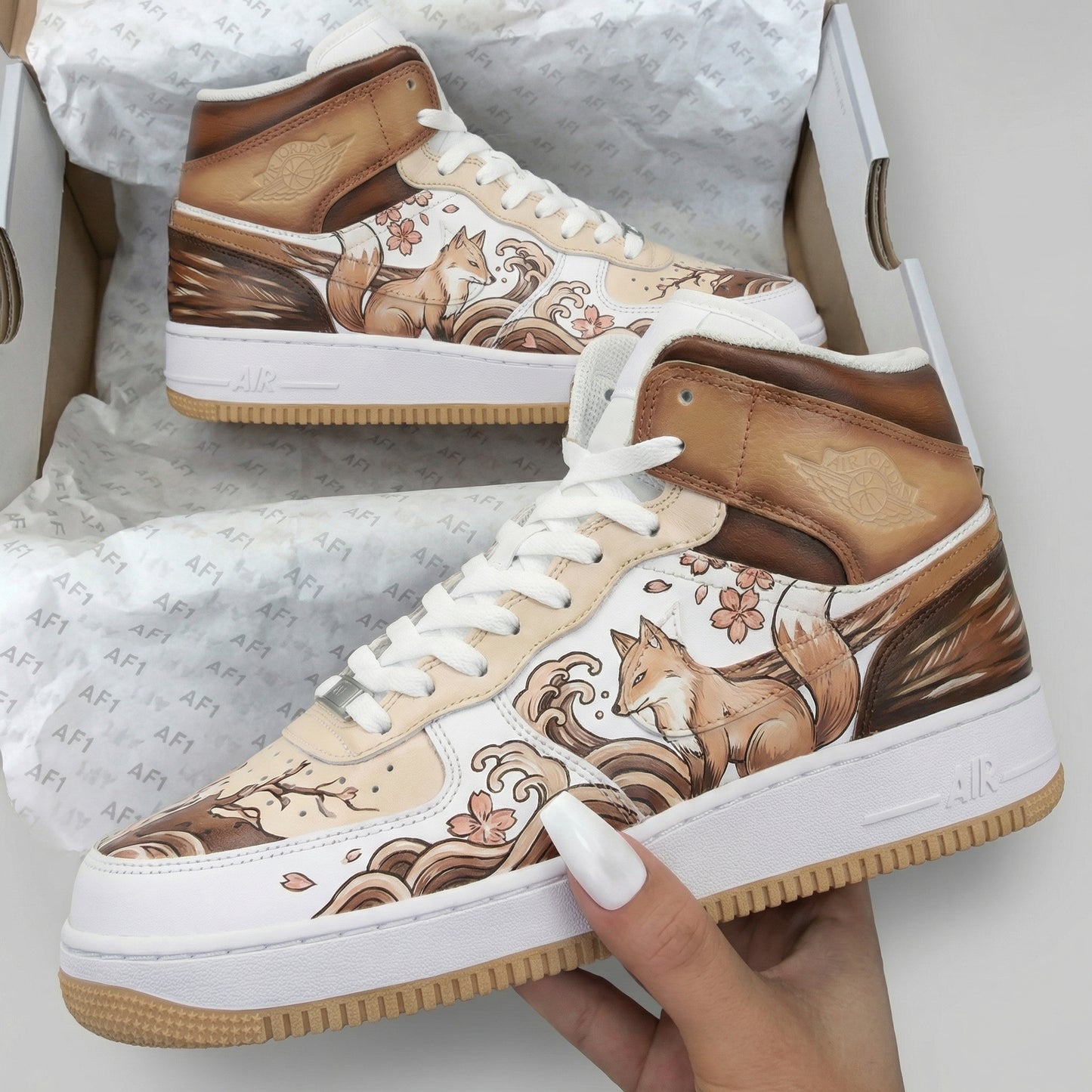 Tan Fox And Cherry Blossom Custom AF 1s Shoes