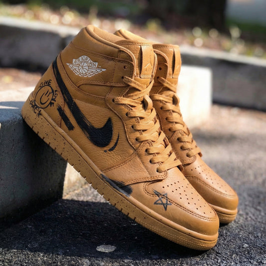 Tan Graffiti Custom AJ 1s Shoes
