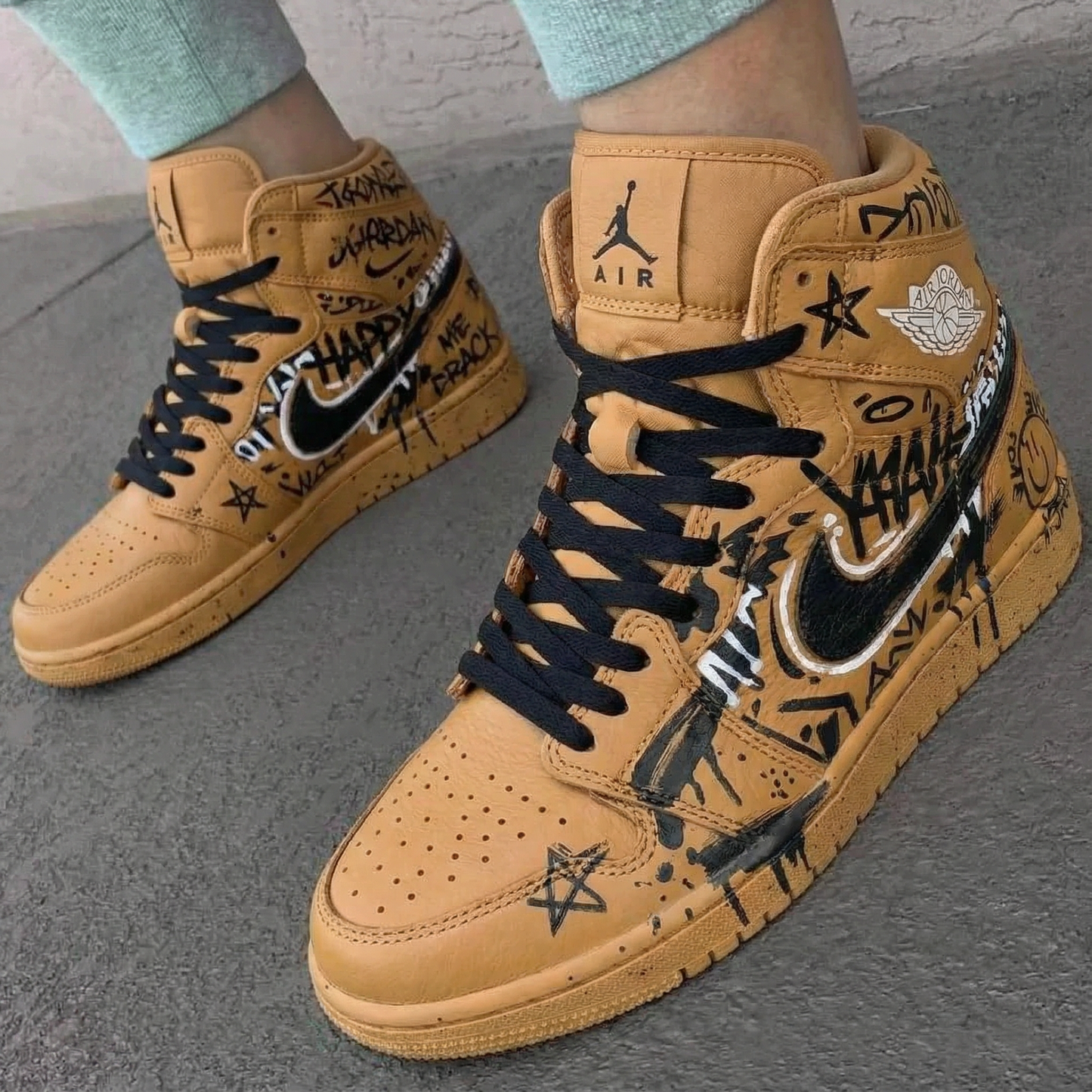 Tan Graffiti Custom AJ 1s Shoes