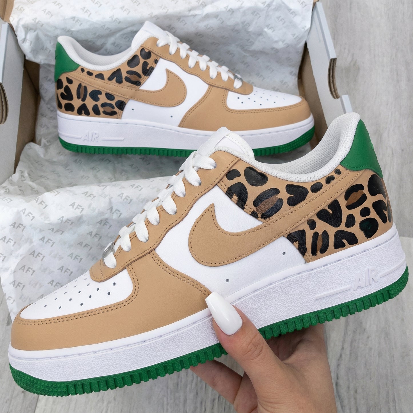 Tan Green Leopard Print Custom AF 1s Shoes