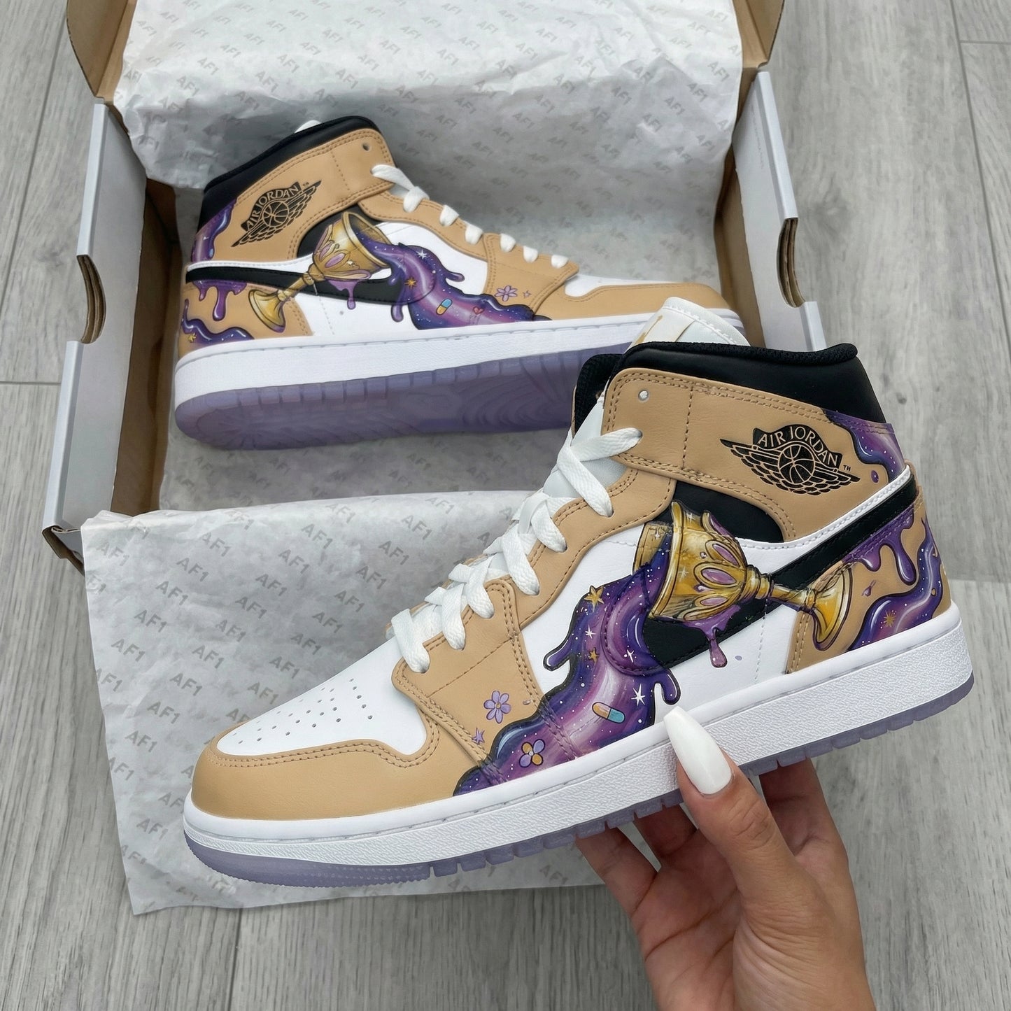 Tan Purple Goblet Pattern Custom AJ 1s Shoes