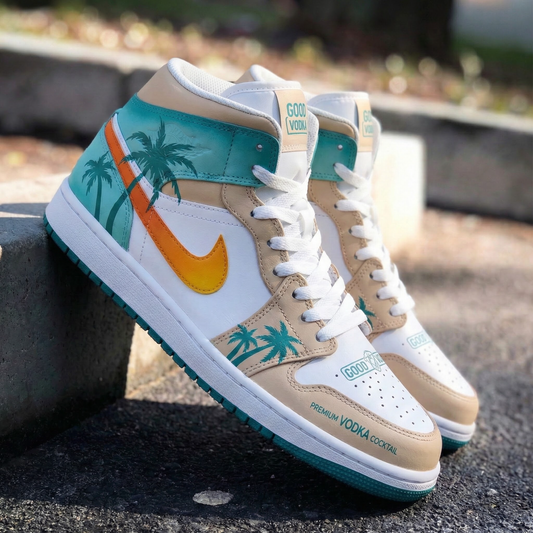 Tan Teal Orange Palm Tree Custom AJ 1s Shoes
