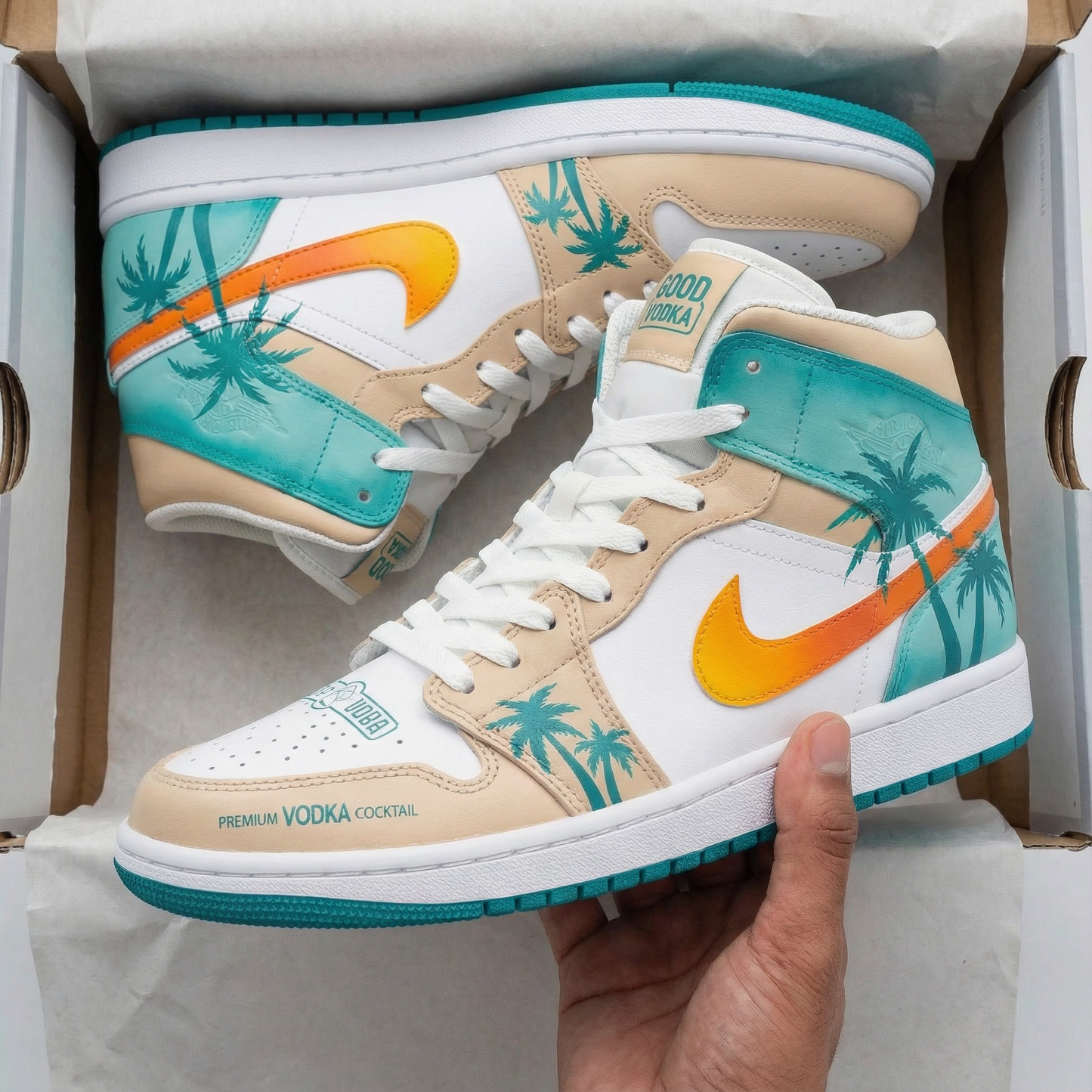 Tan Teal Orange Palm Tree Custom AJ 1s Shoes