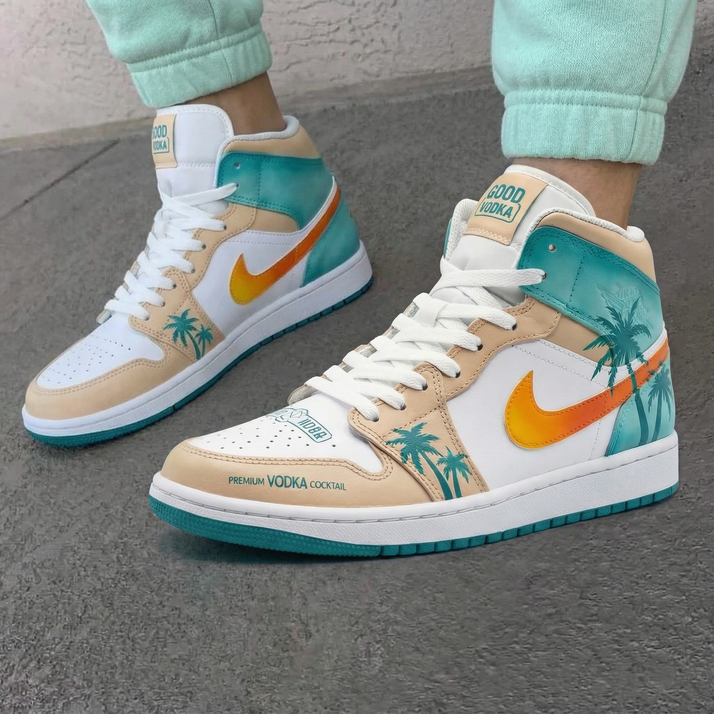 Tan Teal Orange Palm Tree Custom AJ 1s Shoes
