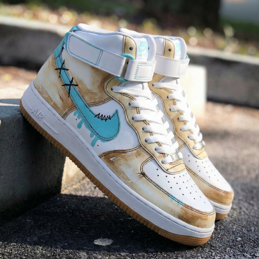Tan Turquoise Stitch Custom AF 1s Shoes