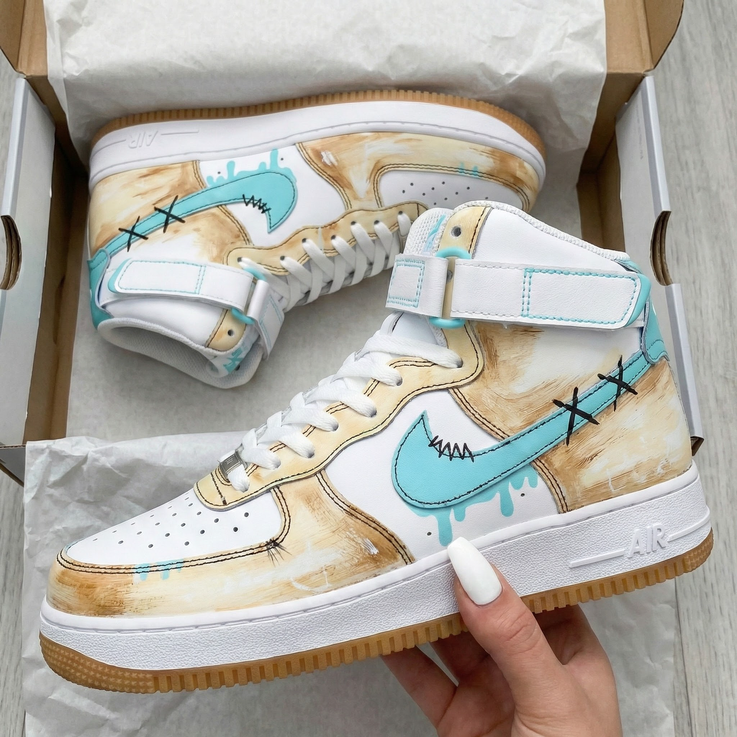 Tan Turquoise Stitch Custom AF 1s Shoes