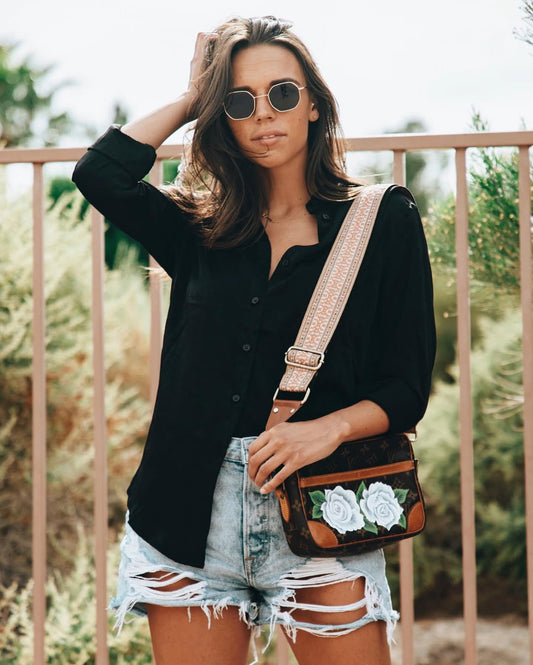 Hand Painted White Rose Custom Crossbody Bag