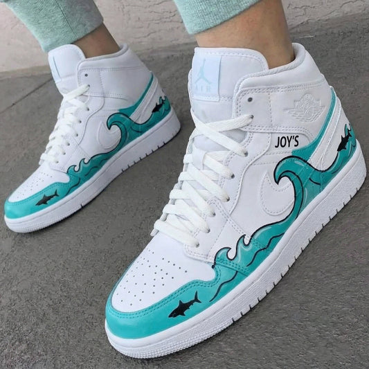Teal Black Wave Shark Custom AJ 1s Shoes